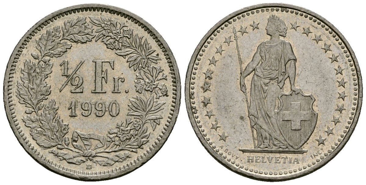 Швейцария 1/2 франка 1990 KM 23a.3 медно-никель 4173-1067