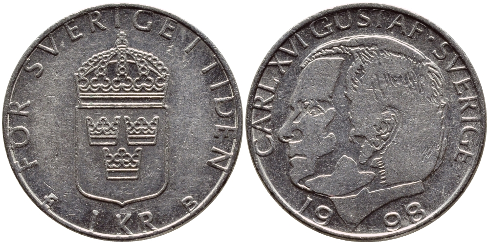Швеция 1 крона 1998 Карл XVI Густав (1973- ) KM 852a медно-никель 4622-337