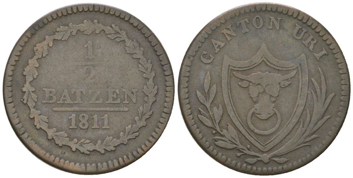 Швейцарские кантоны 1/2 батцена 1811 кантон Ури KM 41 серебро    4584-125