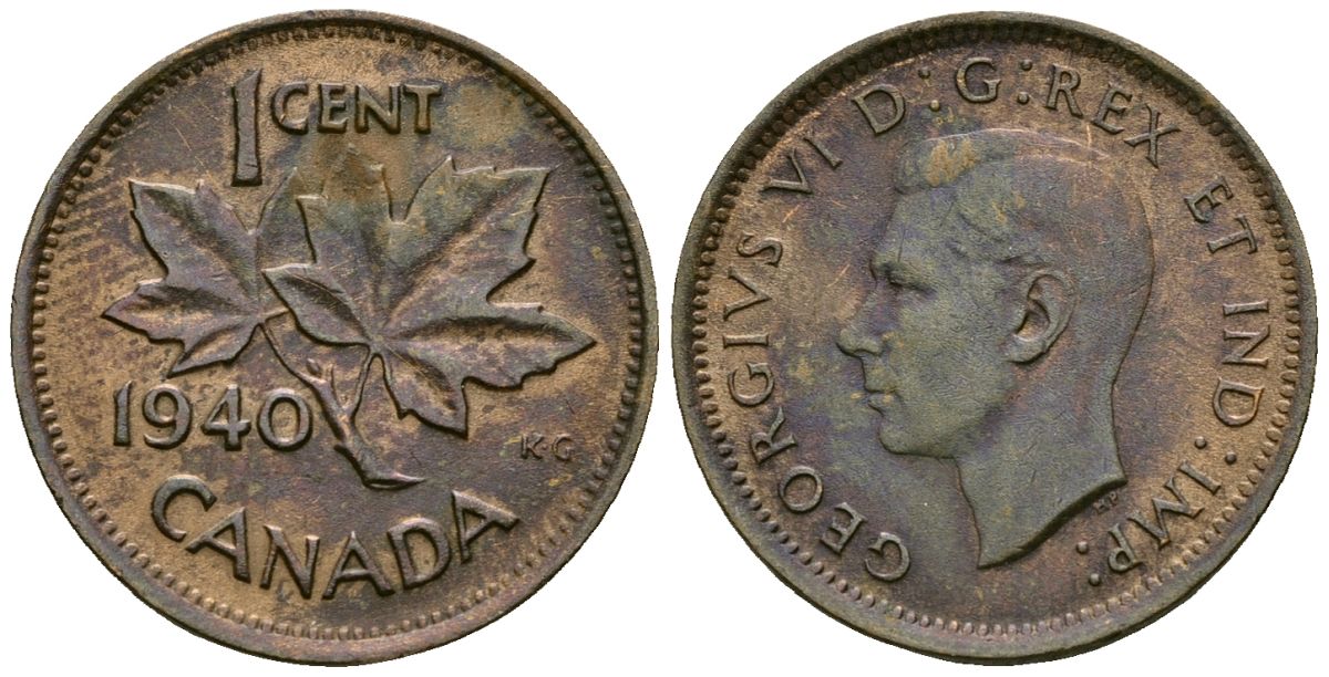 Канада 1 цент 1940 Георг VI (1937-1952), кленовый лист KM 32 бронза 4173-947