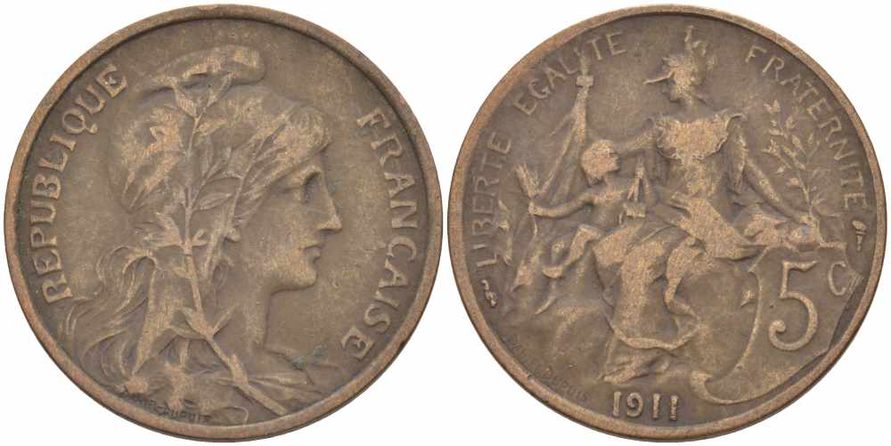 ФРАНЦИЯ 5 САНТИМОВ 1911 ТИП ДАНИЭЛЬ ДЮПЮИ KM 842, LE FRANC 119.23 бронза 108-931