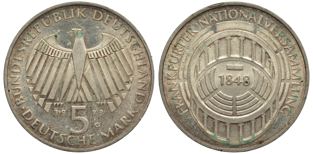 ФРГ 5 МАРОК 1973 G, 125 ЛЕТ ФРАНКФУРТСКОМУ ПАРЛАМЕНТУ KM 137, J. 412 серебро 1520-225