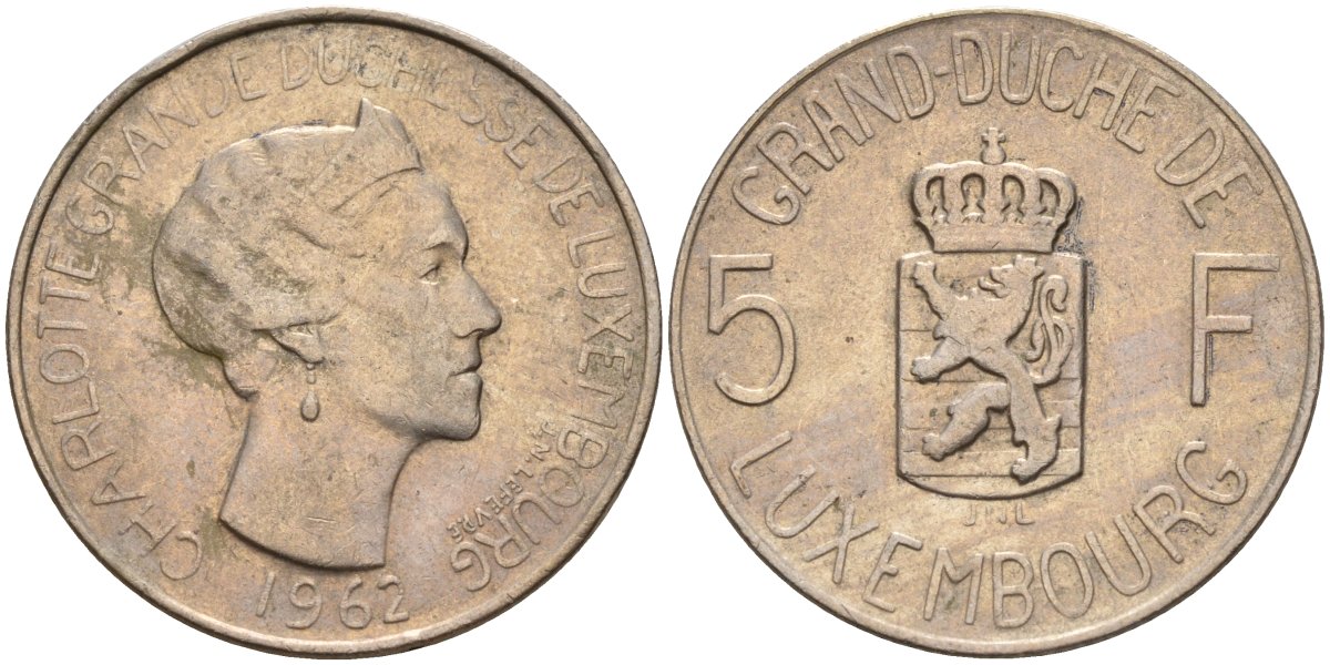 Люксембург 5 франков 1962 Великая герцогиня Шарлотта (1919-1964) KM 51 медно-никель 4143-1247