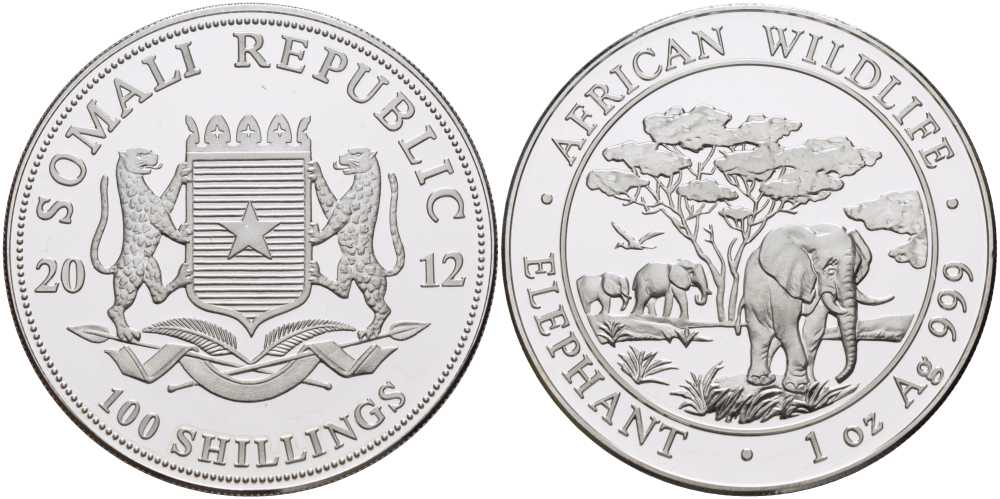 Сомали 100 шиллингов 2012 серия охрана окружающей среды, африканские слоны, 1 унция KM NEW серебро PROOF 1076-7-51