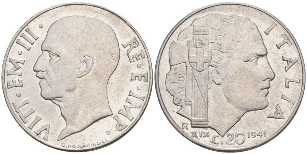 ИТАЛИЯ 20 ЧЕНТЕЗИМО 1941 R, ГОД XIX, ВИКТОР ЭММАНУИЛ III (1900-1946) KM 75b, VEM3. 1028 нержавеющая сталь 3853-854