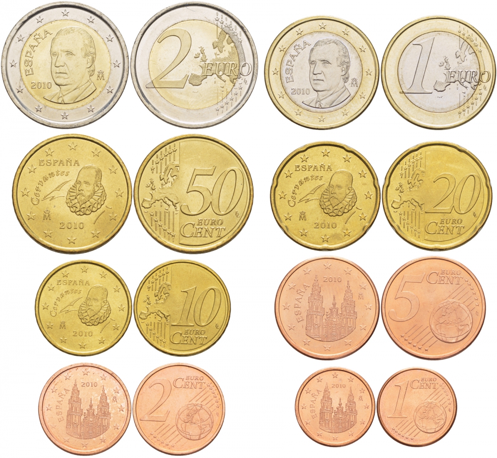 Испания евронабор из 8 монет 2010 1, 2, 5, 10, 20, 50 евроцентов, 1 и 2 евро KM 1040, 1041, 1042, 1070, 1071, 1072, 1073, 1074 N6-12