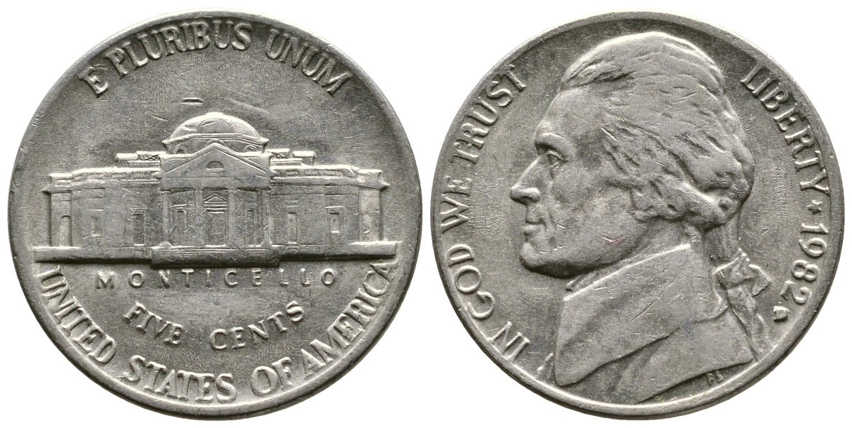 США 5 центов 1982 D, президент Джеферсон KM А192 медно-никель 4610-111