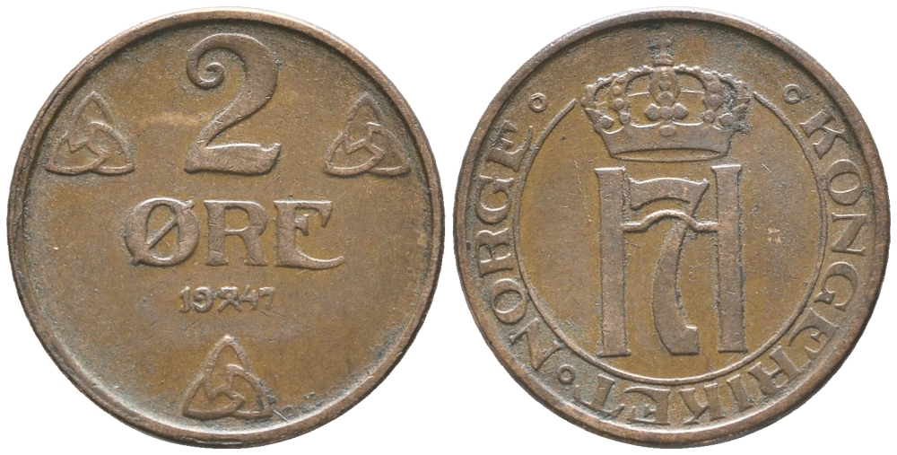 НОРВЕГИЯ 2 ЭРЕ 1947 ХОКОН VII (1905-1957) KM 371 бронза 34-622