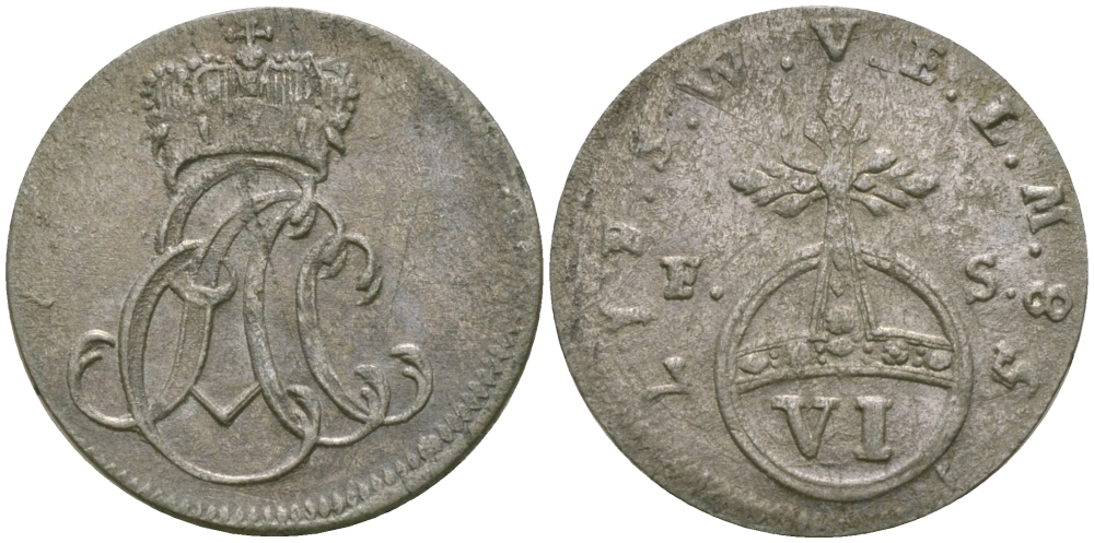 Саксен-Веймар-Эйзенах 6 пфеннигов 1758 FS, Эрнст Август II Константин (1748-1758), монограмма KM 15 , Merseburger 3978 серебро    99-621