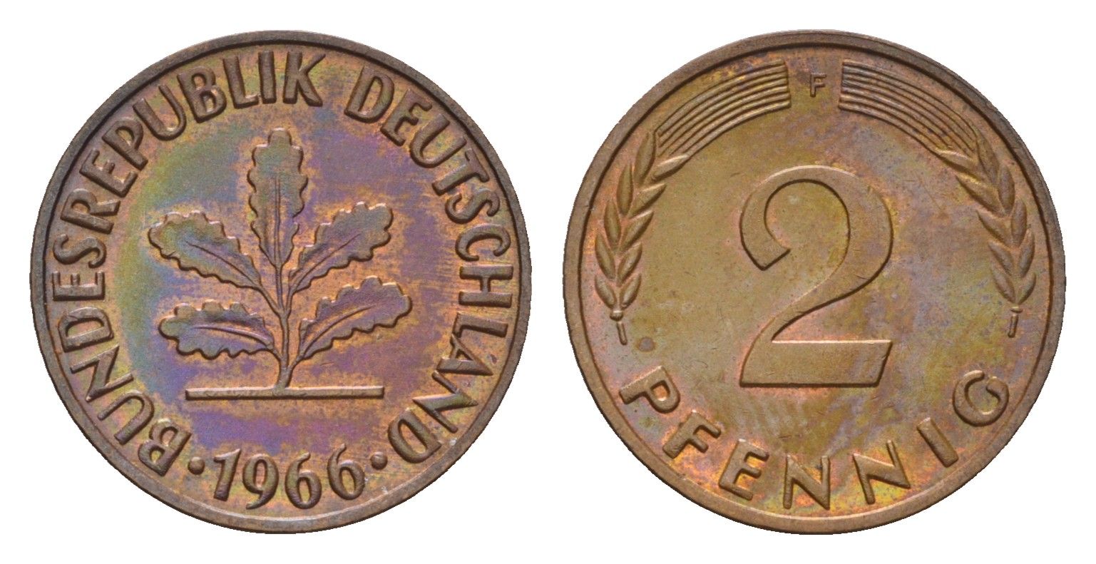 ФРГ 2 пфеннига 1966 F KM 106, J. 381 бронза 4549-1012