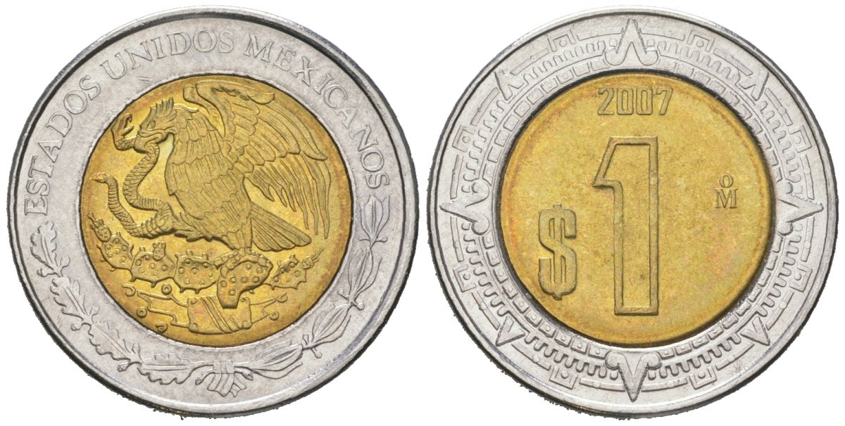 Мексика 1 песо 2007 Mo KM 603 биметалл aUNC 206-434
