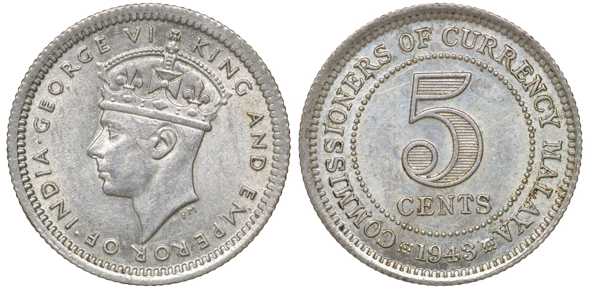 Британская Малайя 5 центов 1943 Георг VI (1937-1952) KM 3a серебро 53-155