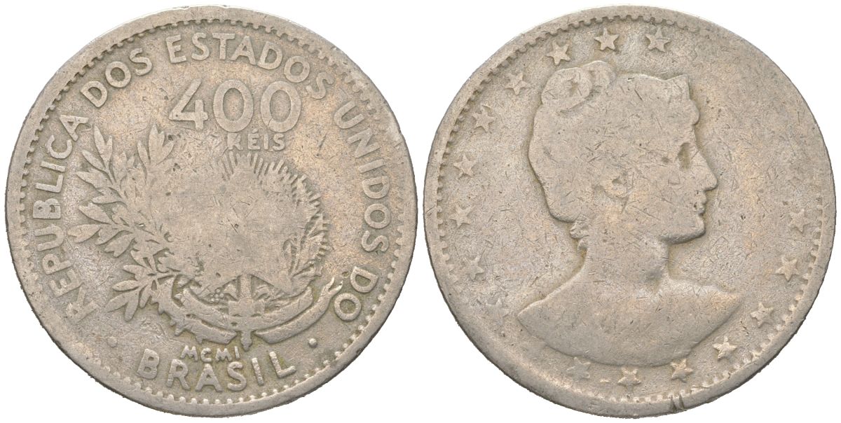 Бразилия 400 реалов 1901 MCMI, голова свободы вправо KM 505 медно-никель 4612-532