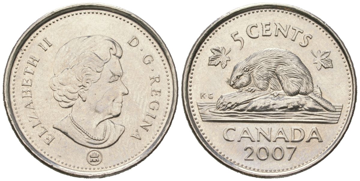 Канада 5 центов 2007 Leaf, Елизавета II (1952-2022), бобер KM 491 сталь плакированный никелем UNC 4381-557