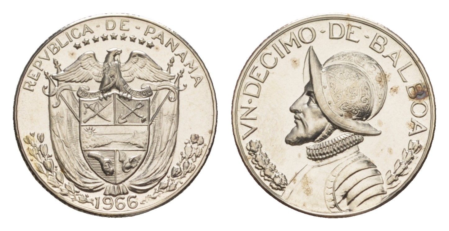 Панама 1/10 бальбоа (10 сентесимо) 1966 тираж 13.000 экземпляров KM 10 медь плакированная медно-никелем PROOF 1524-1224