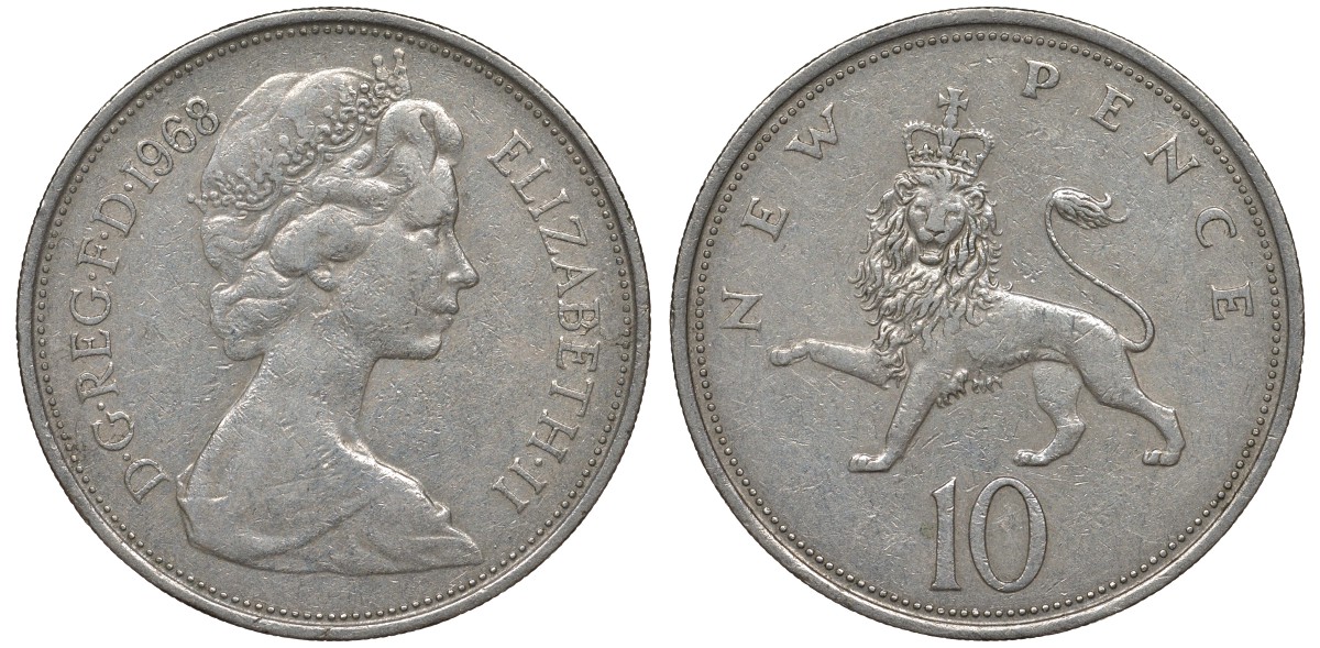 Великобритания 10 пенсов 1968 Елизавета II (1952-2022) KM 912, Spink 4231 (F1) медно-никель 4131-331