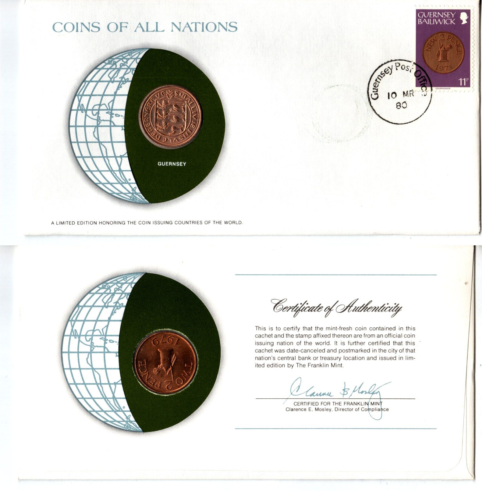 Гернси 2 пенса 1979 конверт с маркой первого дня гашения, Coins of Nations KM 28 бронза UNC 4295-13-3
