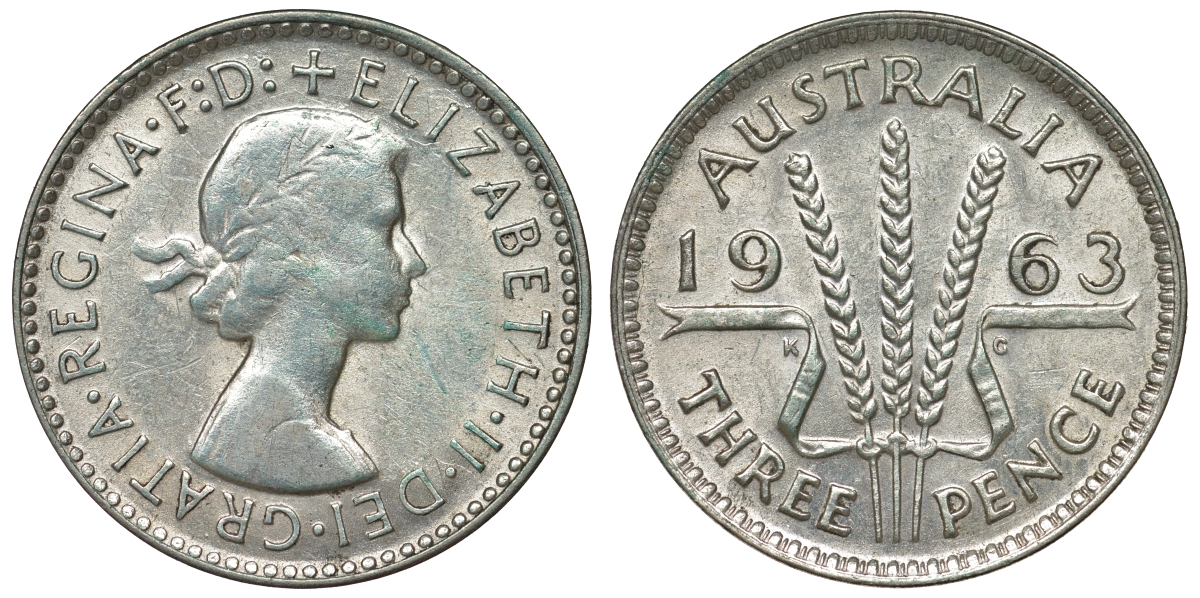 Австралия 3 пенса 1963 m, Елизавета II (1952-2022) KM 57 серебро 71-853