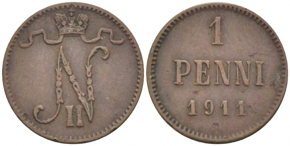 Россия для Финляндии 1 пенни 1911 Николай II (1894-1917) KM 13, Биткин 471 медь 4396-1347