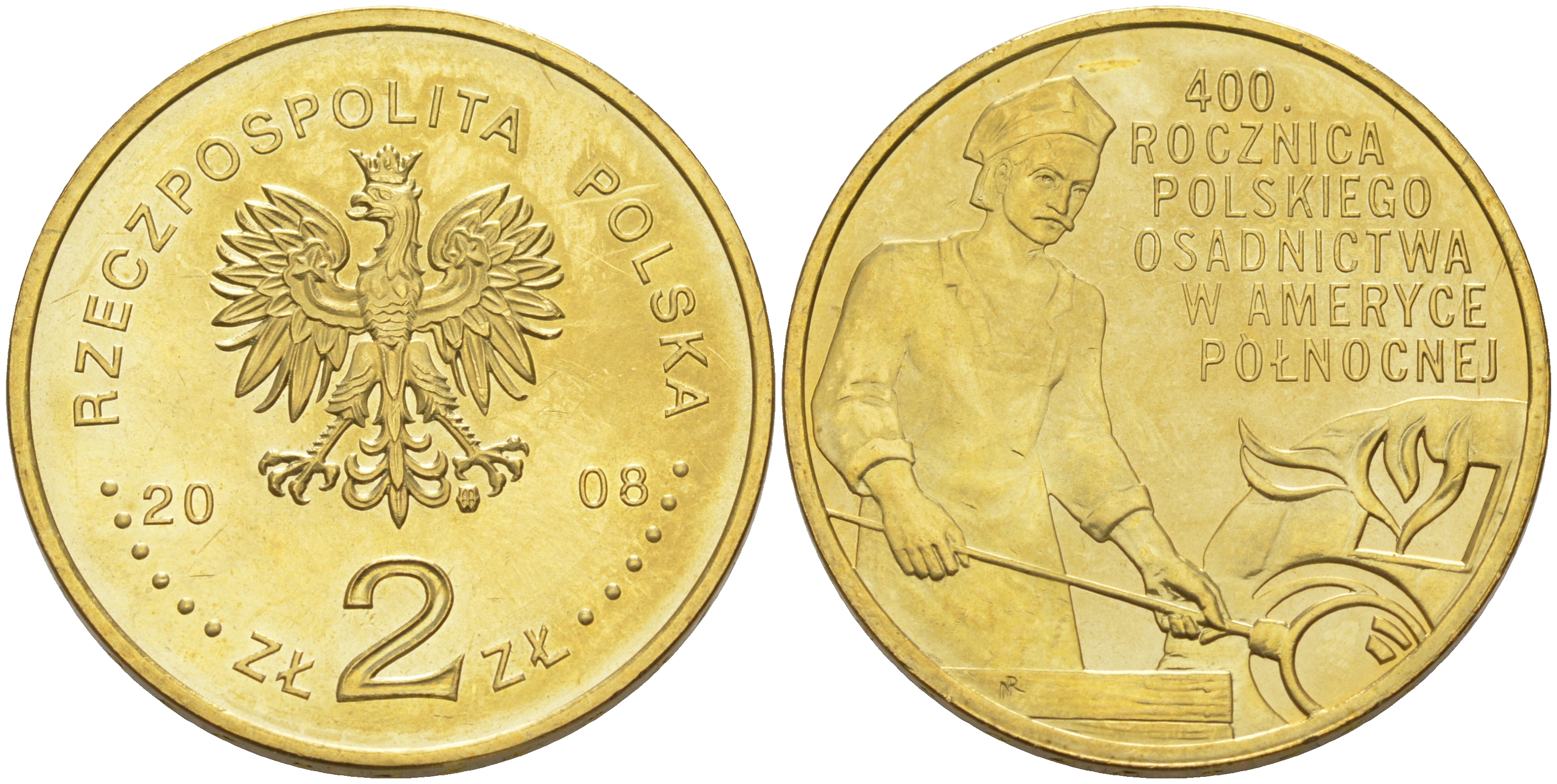 Польша 2 злотых 2008 400 лет первой волны эмиграции поляков в США, стеклодувы KM 659 латунь 4114-117