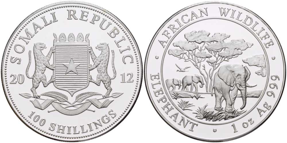 Сомали 100 шиллингов 2012 серия охрана окружающей среды, африканские слоны, 1 унция KM NEW серебро PROOF 1076-7-53