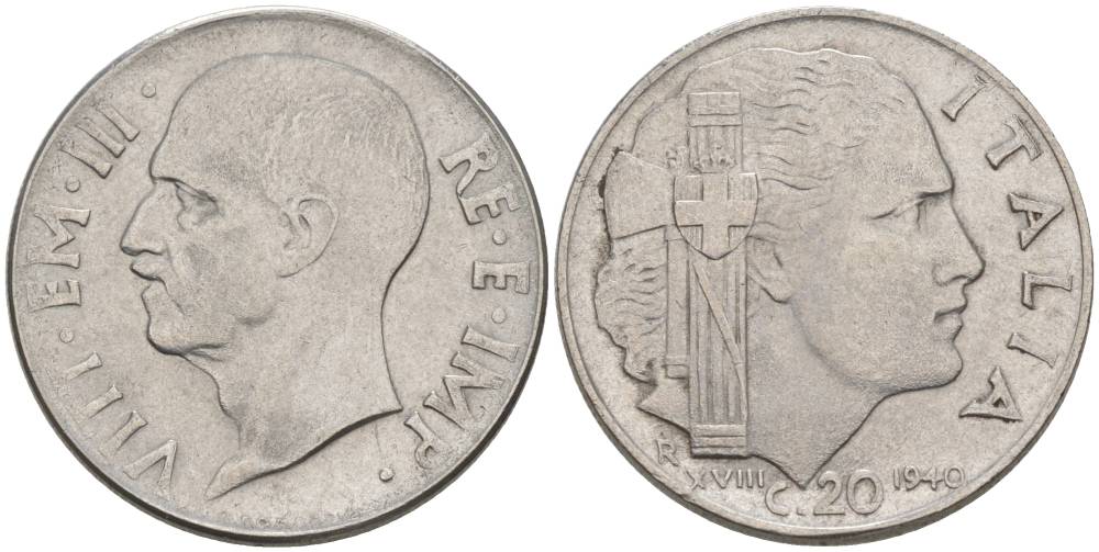 ИТАЛИЯ 20 ЧЕНТЕЗИМО 1940 R, ГОД XVIII, ВИКТОР ЭММАНУИЛ III (1900-1946), МАГНИТНАЯ, ГУРТ РИФЛЁНЫЙ KM 75b, VEM3. 1025 нержавеющая сталь 3853-455