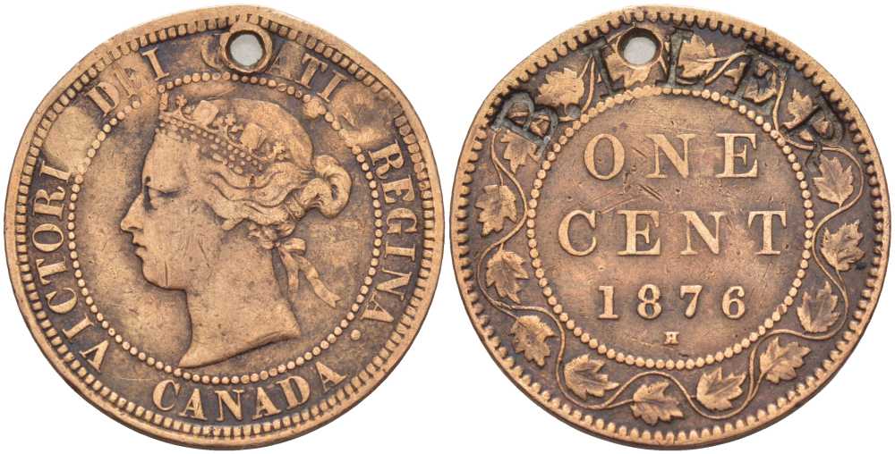 Канада 1 цент 1876 Н, Виктория (1837-1901), с отверстием для ношения, надчеканка B. ILER KM 7 бронза 4448-847