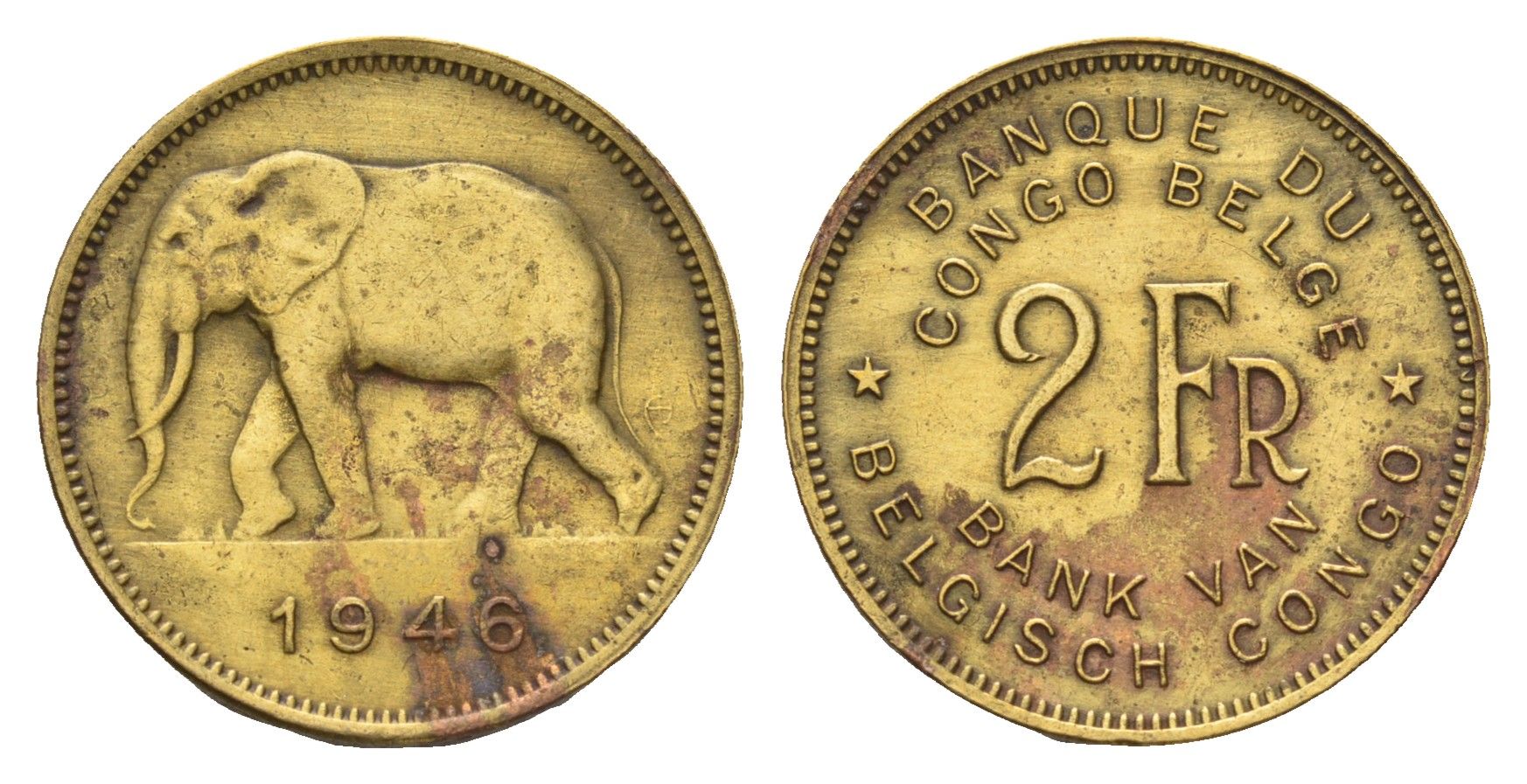 Бельгийское Конго 2 франка 1946 слон, Леопольд III KM 28 латунь 4670-1227