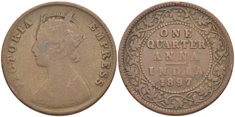 Британская Индия 1/4 анна 1897 Виктория (1837-1901), имперская чеканка KM 486 медь 119-215