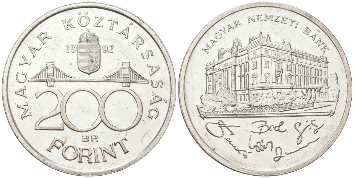 Венгрия 200 форинтов 1992 BP, национальный банк KM 689 серебро UNC 4140-924