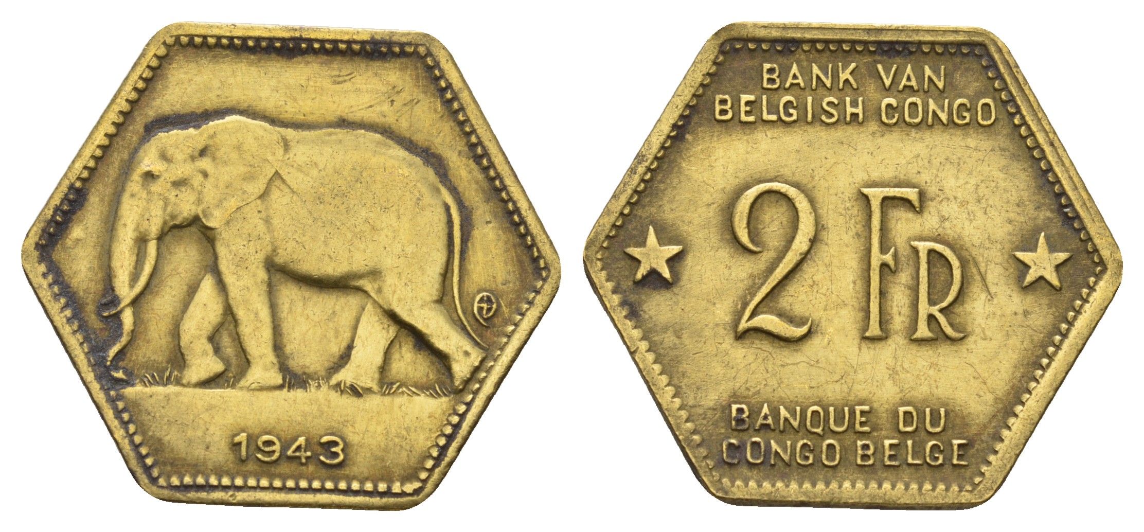 Бельгийское Конго 2 франка 1943 слон, шестиугольная, год тип KM 25 латунь 4127-1735