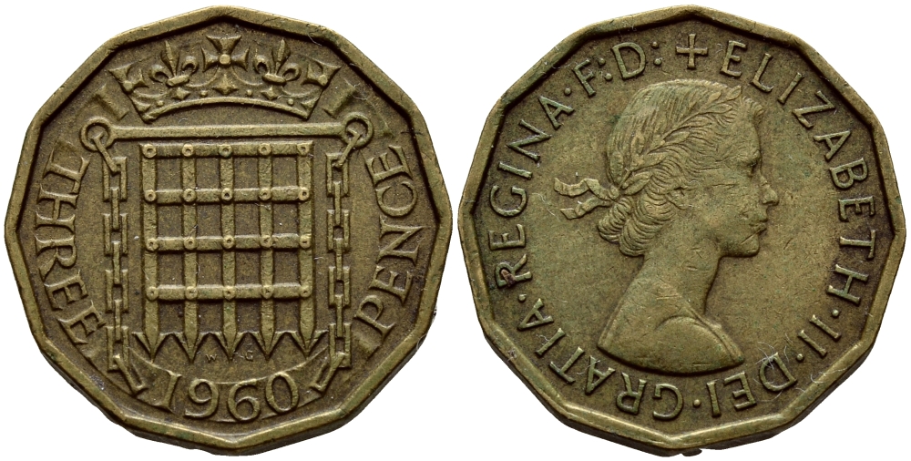 Великобритания 3 пенса 1960 Елизавета II (1952-2022) KM 900, Spink 4153 никель латунь 36-1246