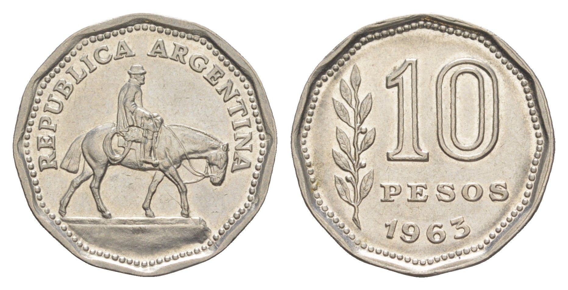 Аргентина 10 песо 1963 KM 60 сталь плакированная никелем 4153-913