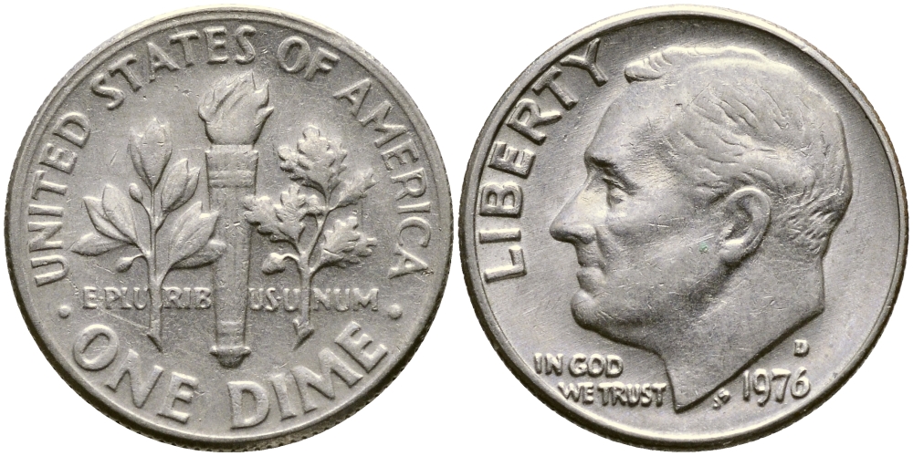 США 10 ЦЕНТОВ = 1 ДАЙМ 1976 D, РУЗВЕЛЬТ KM 195а медь плакированная медно-никелем 53-561