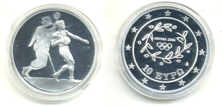 Греция 10 евро 2004 XXVIII летние Олимпийские игры 2004 года в Афинах, гандбол KM 205 серебро PROOF 02-104-25