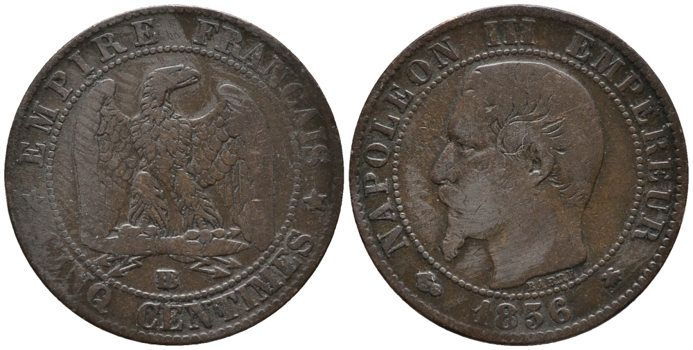 Франция 5 сантимов 1856 BB, Наполеон III (1852-1870) KM 777.3, LE FRANC 116.32 бронза 34-1213