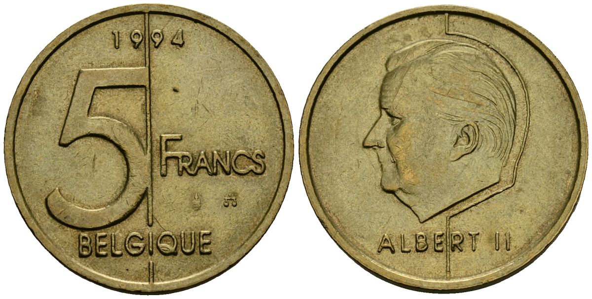Бельгия 5 франков 1994 Belgique KM 189 алюминиевая бронза 4138-236