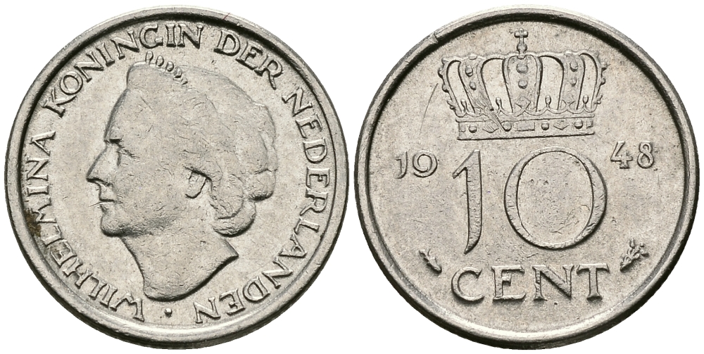 Нидерланды 10 центов 1948 Вильгельмина (1895-1948) KM 177 никель 96-529
