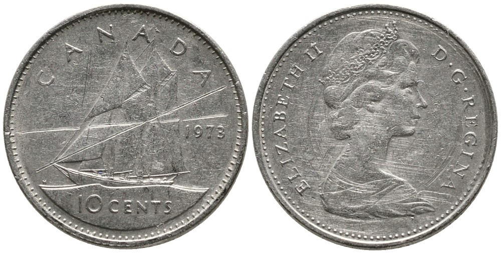 КАНАДА 10 ЦЕНТОВ 1973 ЕЛИЗАВЕТА II (1952-), ПАРУСНИК, ВТОРОЙ ПОРТРЕТ В КОРОНЕ KM 77.1 никель 4532-816