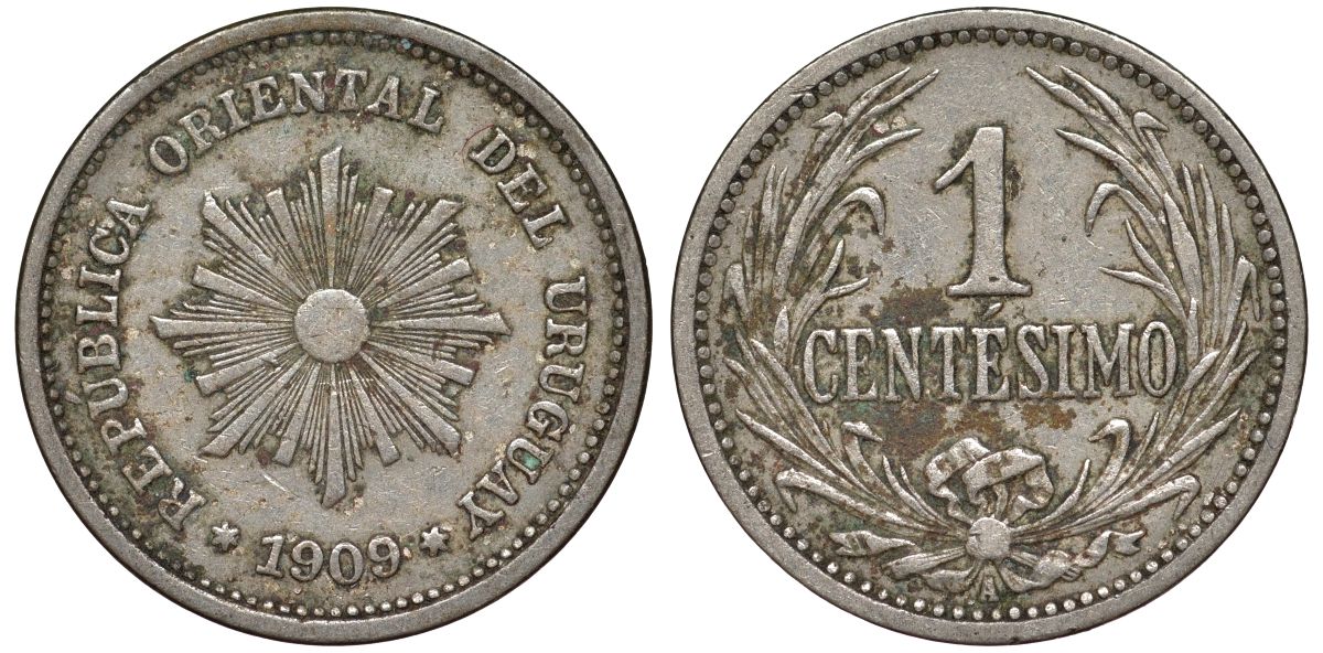 Уругвай 1 сентесимо 1909 KM 19 медно-никель 4169-626