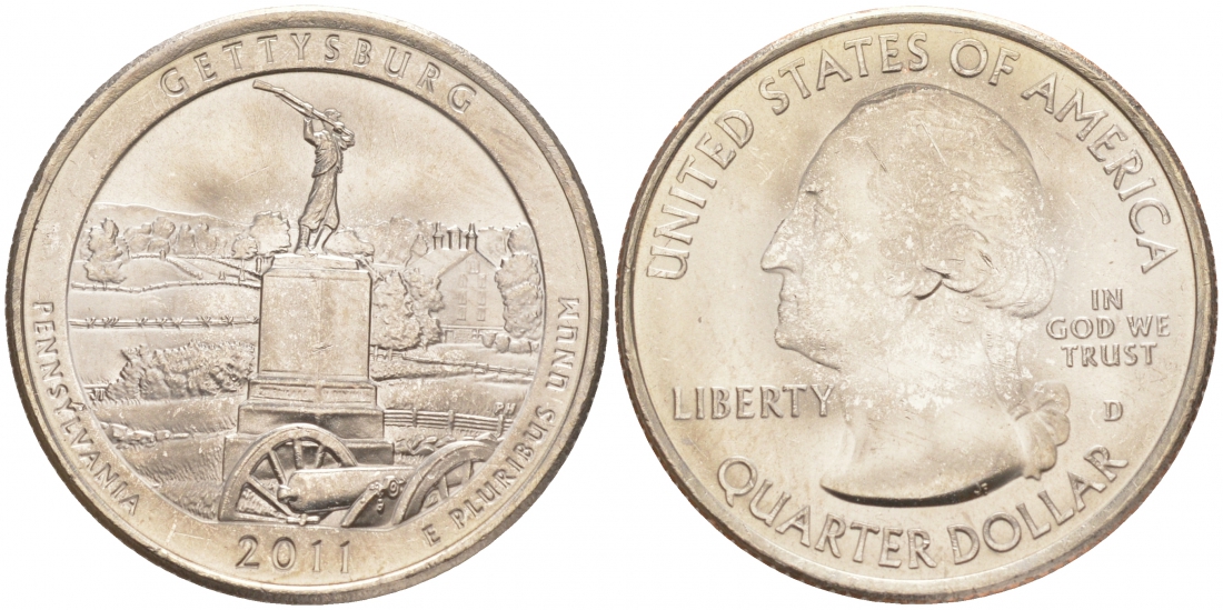 США 25 центов = квотер 2011 D, серия национальные парки, национальный парк Геттисберг KM 494 медь плакированная медно-никелем UNC M31-4