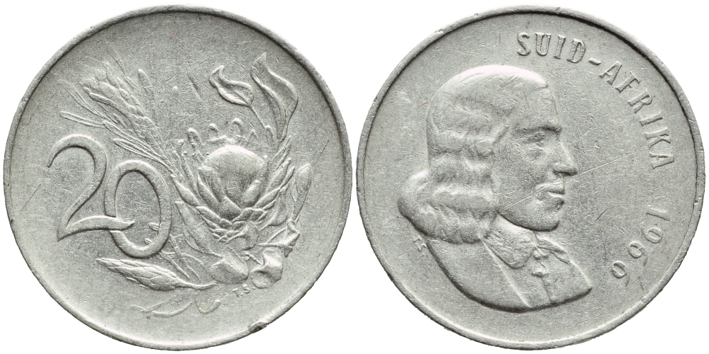 ЮАР 20 ЦЕНТОВ 1966 SUID, ЯН ВАН РИБЕК (1619-1677), ГОЛАНДСКИЙ ИССЛЕДОВАТЕЛЬ , МОРЕПЛАВАТЕЛЬ, ОСНОВАТЕЛЬ Г. КЕЙПТАУНА, ЦВЕТОК ПРОТЕЯ, АФРИКАНСКАЯ ЛЕГЕНДА KM 69.2 никель 72-423