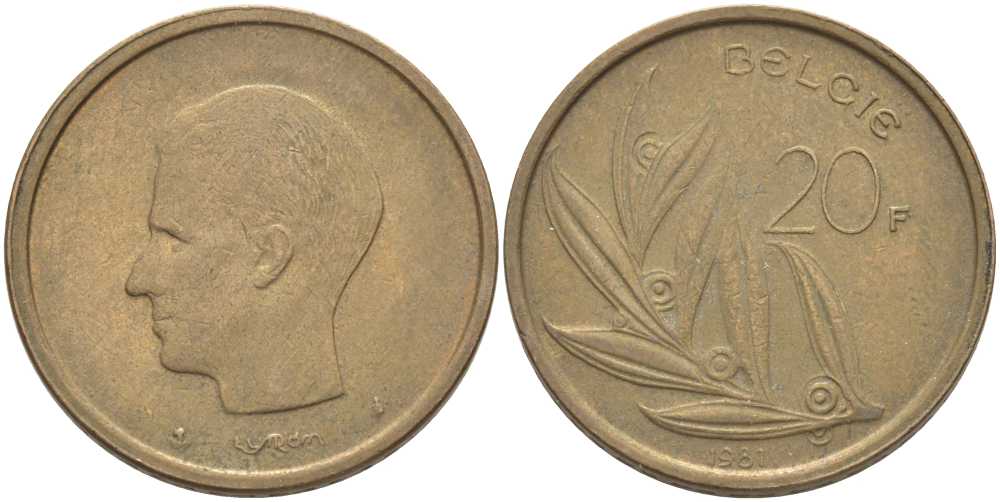 БЕЛЬГИЯ 20 ФРАНКОВ 1981 BELGIE, БОДУЭН I (1951-1993) KM 160 никель бронза 115-732