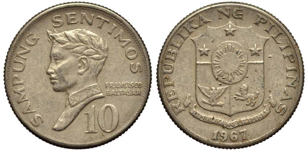 ФИЛИППИНЫ 10 СЕНТИМО 1967 ПОЭТ ФРАНСИСКО БАЛЬТАСАР KM 198 медь цинк никель VF 4181-254
