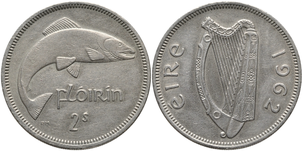 ИРЛАНДИЯ 1 ФЛОРИН - 2 ШИЛЛИНГА 1962 ЛОСОСЬ KM 15а медно-никель 89-1732