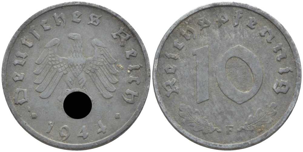 ГЕРМАНИЯ 10 РЕЙХСПФЕННИГОВ 1944 F KM 101, J. 371 цинк 4401-522