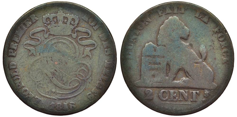 БЕЛЬГИЯ 2 САНТИМА 1858 BELGES, ЛЕОПОЛЬД I (1831-1865) KM 4.2 медь 27-847