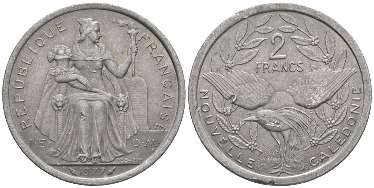 Французская Новая Каледония 2 франка 1977 птица кагу, (IEOM) KM 14, Schoen 11, Lec 58 алюминий    27-446