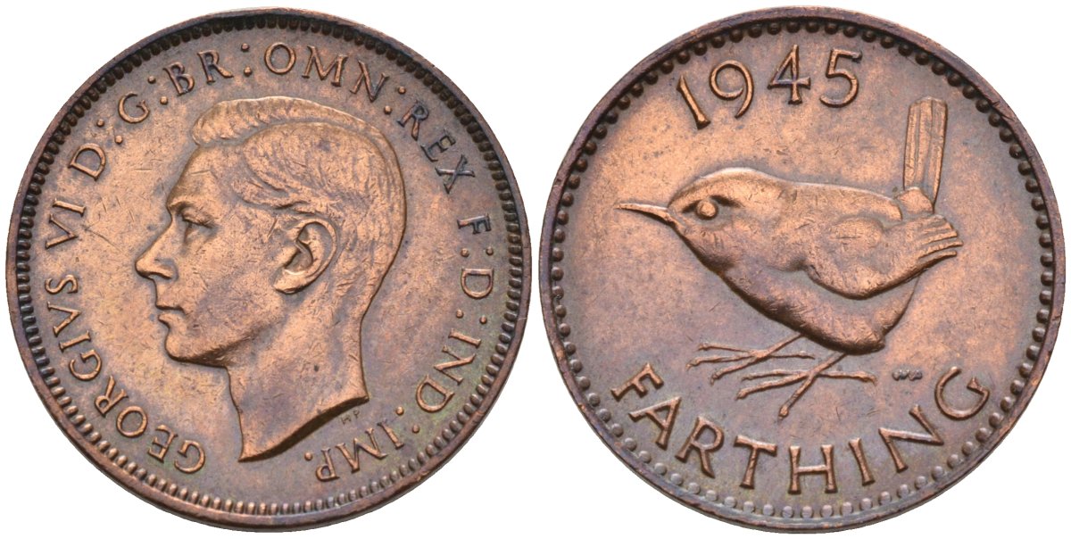 Великобритания 1 фартинг 1945 Георг VI (1936-1952) KM 843, Spink 4116 бронза 4594-348