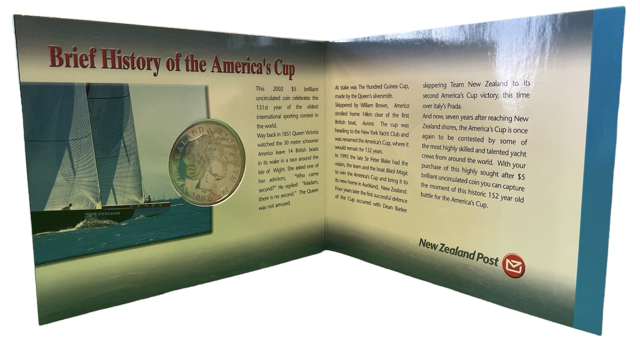 Новая Зеландия 5 долларов 2002 Регата - Кубок Америки, оригинальный блистер KM 272 медно-никель UNC 3-4-6-22